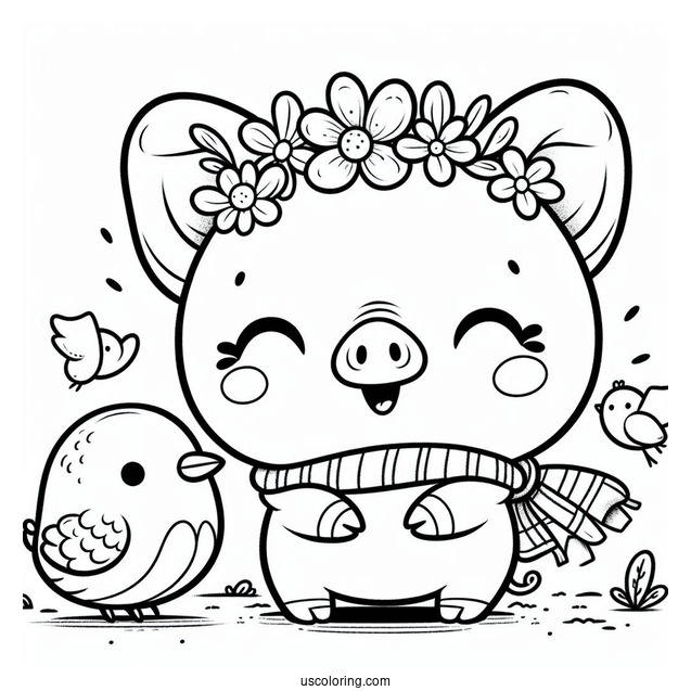 Cute Cartoon Pig With Bird