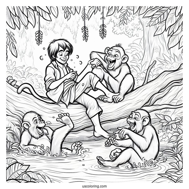 Jungle Book Coloring Page Of Monkeys Teasing Mowgli