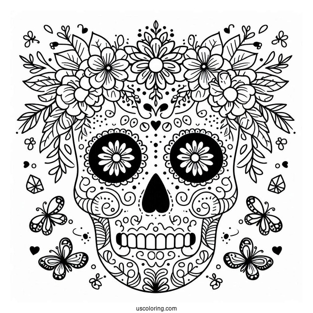 Floral Sugar Skull Coloring Page For Kids