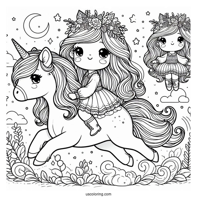 Cute Coloring Page Little Girl Riding A Unicorn