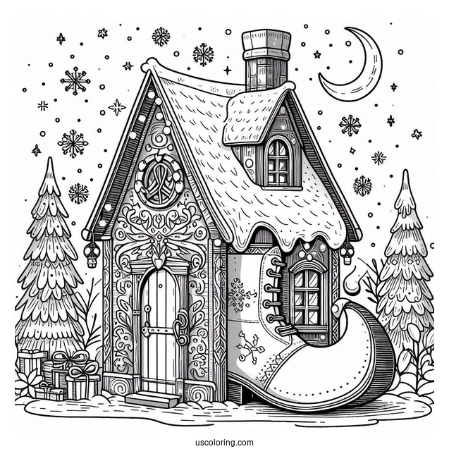 Elf Shoe Shaped House In The North Pole Coloring Page For Kids