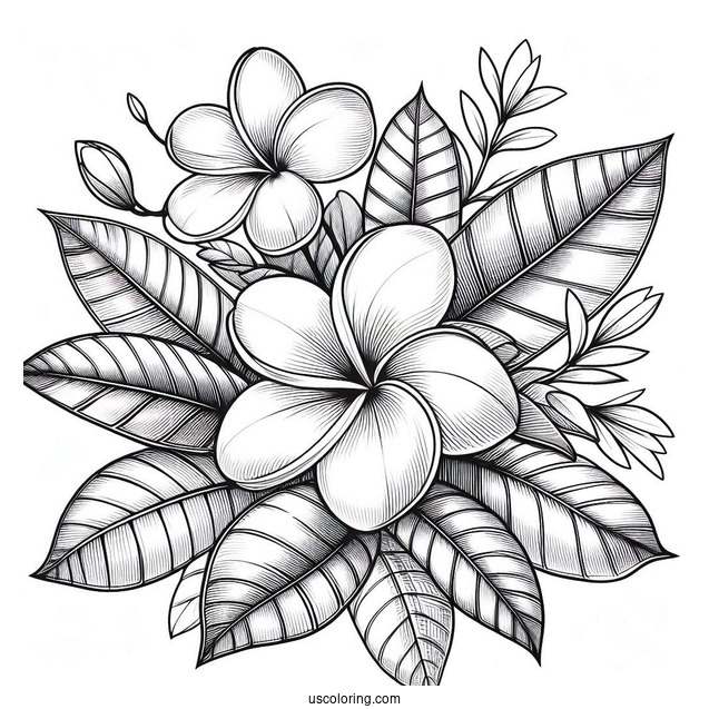 Flower Coloring Pages Of Plumerias On Large Leaves