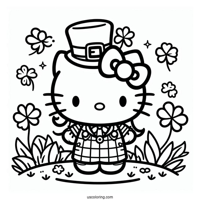St. Patrick's Day Coloring Page Of Cute Hello Kitty Dressed As A Leprechaun With A Shamrock For Preschoolers