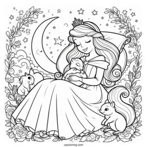 Sleeping Beauty Coloring Page Of Baby Princess Aurora Playing With A Squirrel For Kids