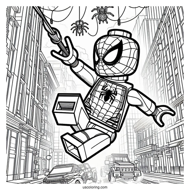 Lego Spider-Man With Webs Swinging Through City