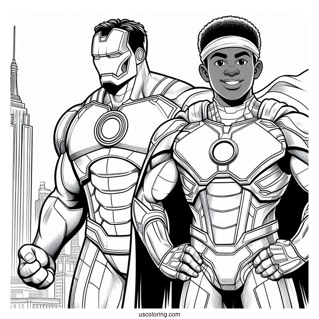 Iron Man Standing Beside Hulk Coloring Page In The City