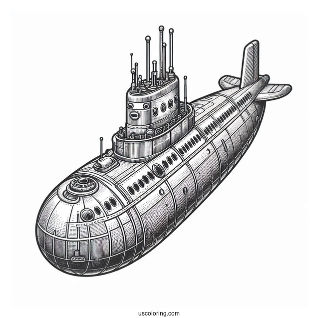 Top View Of Detailed Submarine Coloring Page