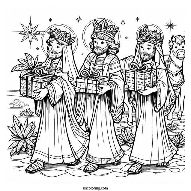 Nativity Coloring Page Of Three Kings Carrying Gifts For Jesus