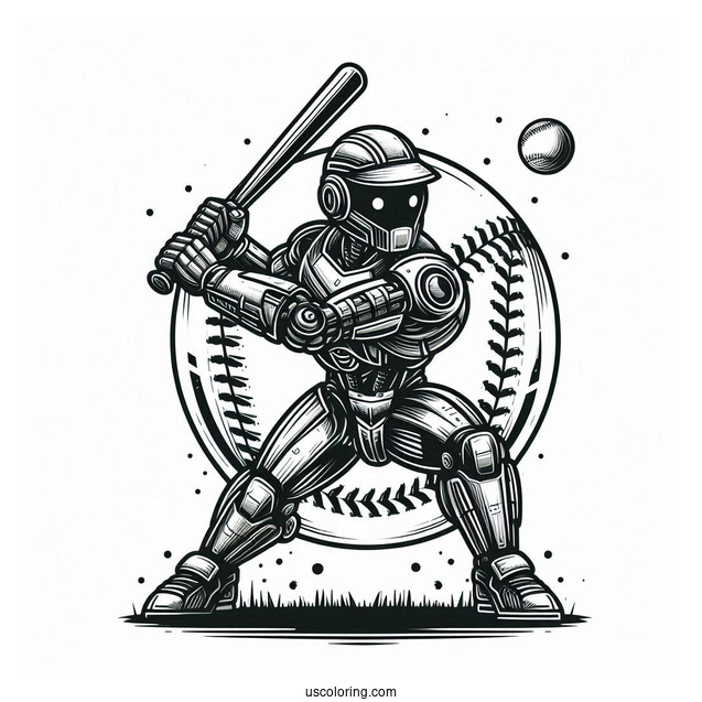 Cool Futuristic Robot Baseball Coloring Page Of Player Ready to Bat