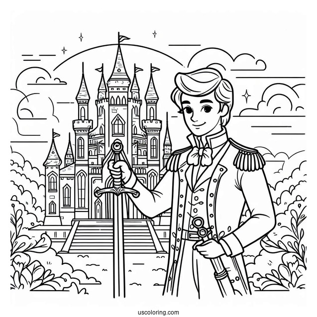 Prince Charming Holding A Sword Inside The Castle Coloring Sheet