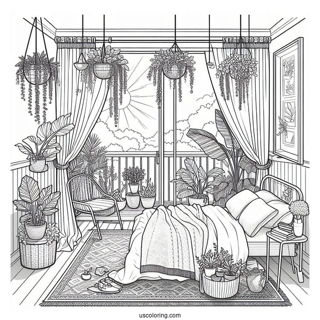 Bedroom Coloring Page With Hanging Plants And Open Balcony
