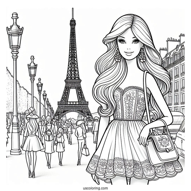 Fashionable Barbie Walkng In Paris Coloring Sheet