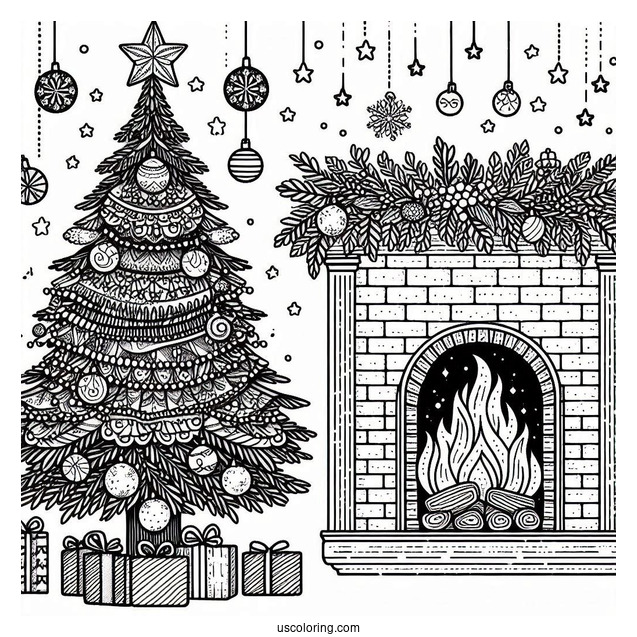 Christmas Tree With Star Next To Fire Place