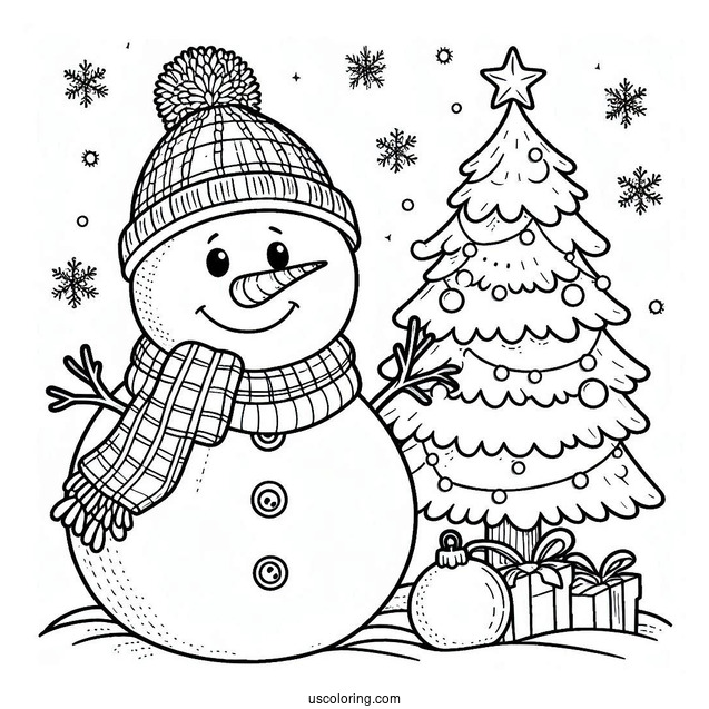 Happy Snowman Sitting Next To Christmas Tree
