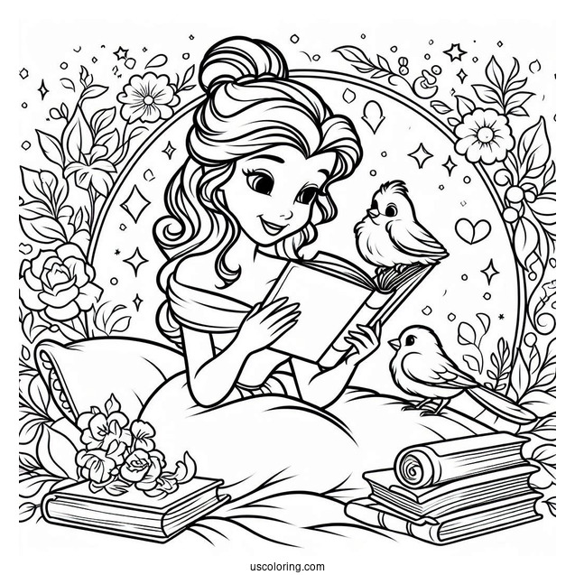 Coloring Sheet Of Belle Reading a Book With Bird