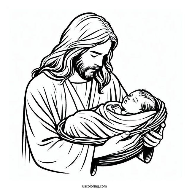 Jesus Coloring Page Cradling A Newborn Baby For Kids