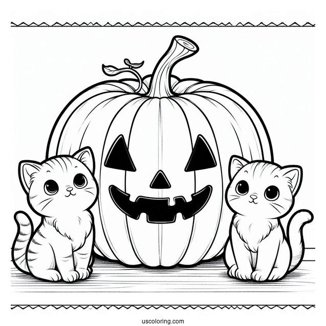 Pumpkin Coloring Page Of Cartoon Cats Beside A Large Jack O Lantern