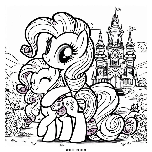 Pinkie Pie Hugging Rarity Coloring Page In Front Of A Castle