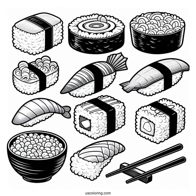 Full Page Temari, Nigiri, Maki, Gunkan Maki, And Inari Sushi Coloring Pages