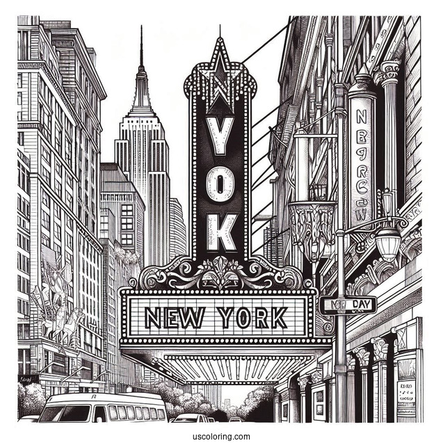 New York Coloring Page Of Broadway Marquee Sign