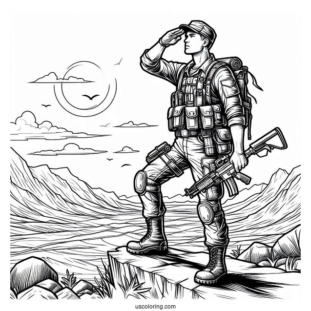 Armed Male Soldier Coloring Page Standing On Top Of Rocky Terrain