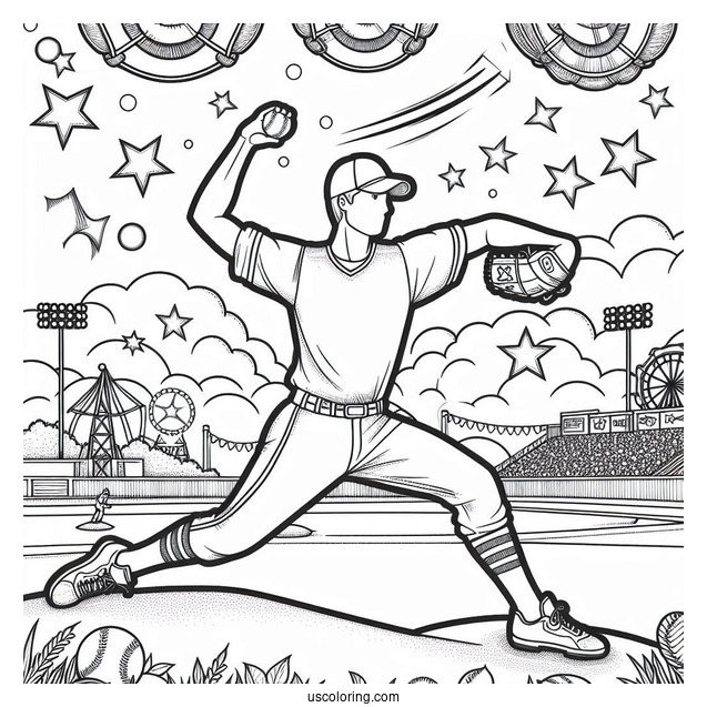 Coloring Page Of Pitcher Throwing a Baseball