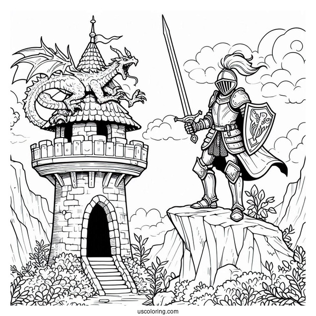 Coloring Page Of Knight With Dragon On Tower