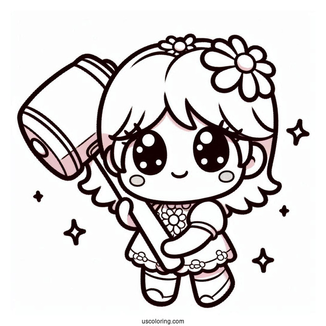 Kawaii Baby Princess Daisy Coloring Page Holding Hammer