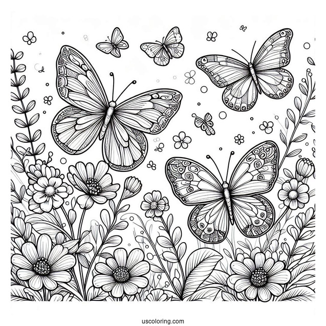 Butterflies Hovering Above Flowers In Spring