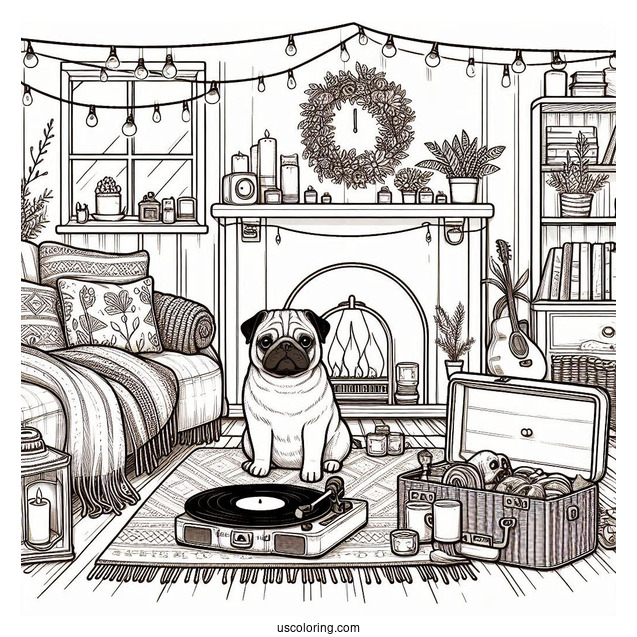 Cozy Home Scene with Pug Coloring Page and Vinyl Player