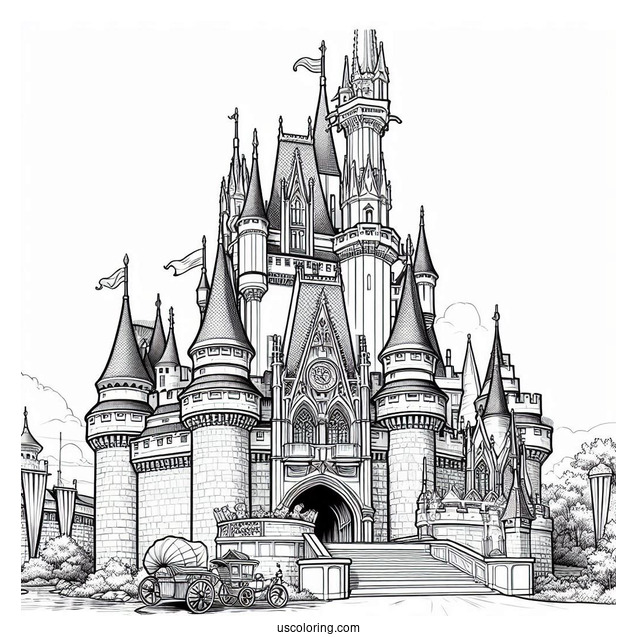 Realistic Disney World Castle Coloring Page With Walt Disney And Mickey Mouse