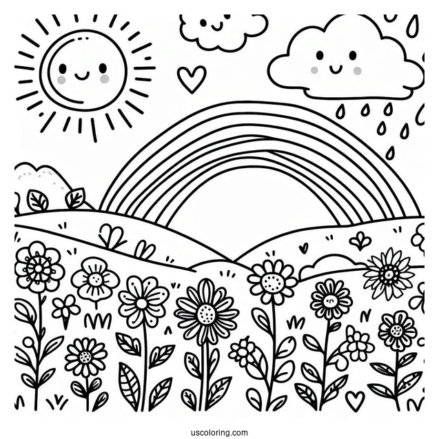 Spring Coloring Page Sun, Rainbow And Flower Field For Preschoolers