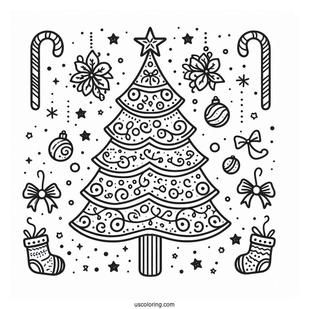 Simple Outline Of a Christmas Tree With Decorations