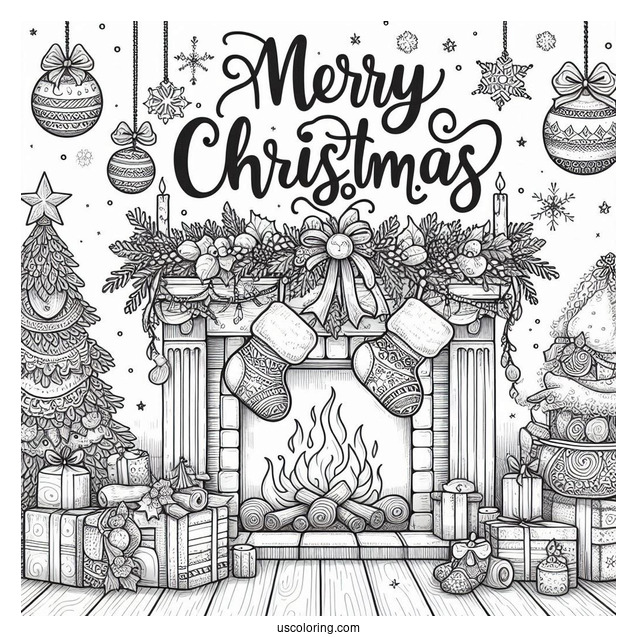 Christmas Coloring Pages For Adults Of Merry Christmas Words On Top Of Fireplace With Stockings