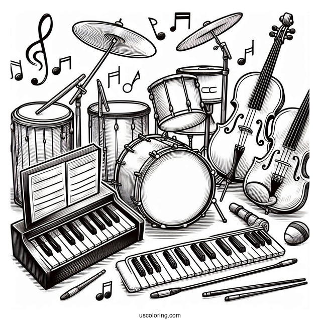 Music Coloring Page Of Drum, Guitar, Violin, Tambourine, And Piano