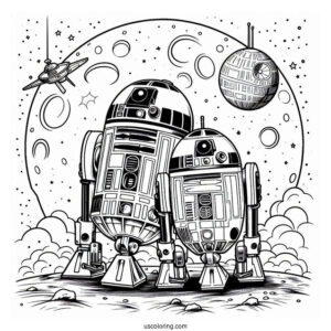 R2-D2 Coloring Page With Wall E On The Moon For Kids
