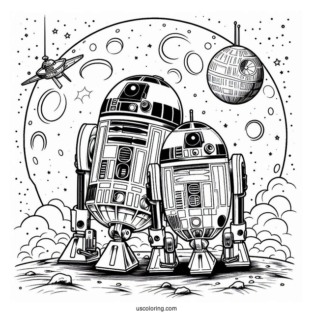 R2-D2 Coloring Page With Wall E On The Moon For Kids