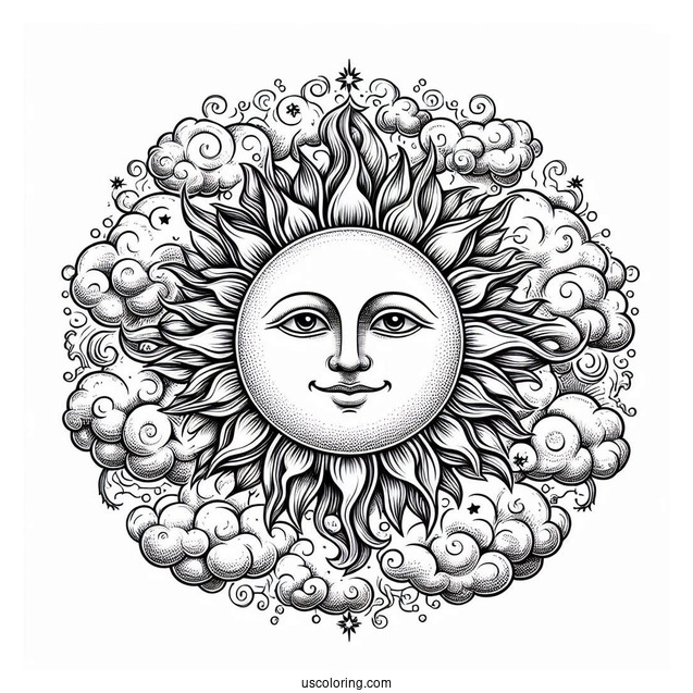 Detailed Sun In The Sky With Clouds