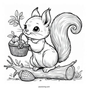 Squirrel Coloring Page Holding Stick And Wearing Basket For Collecting Nuts