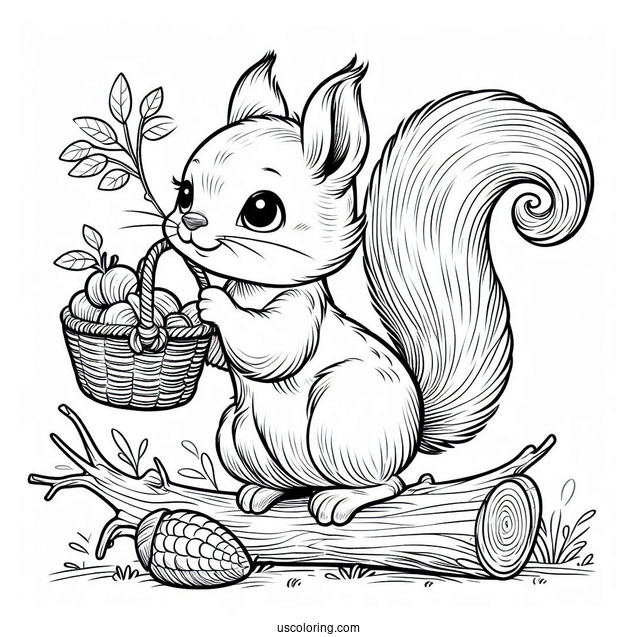 Squirrel Coloring Page Holding Stick And Wearing Basket For Collecting Nuts