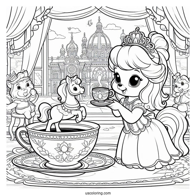 Palace Pets Coloring Page Of Teacup Performing Tricks For Belle And The Villagers