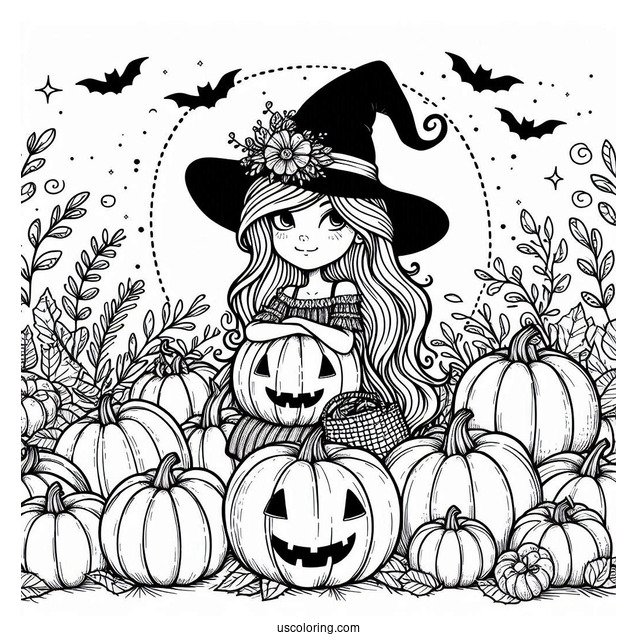 Pretty Witch Surrounded By Numerous Pumpkin Coloring Page