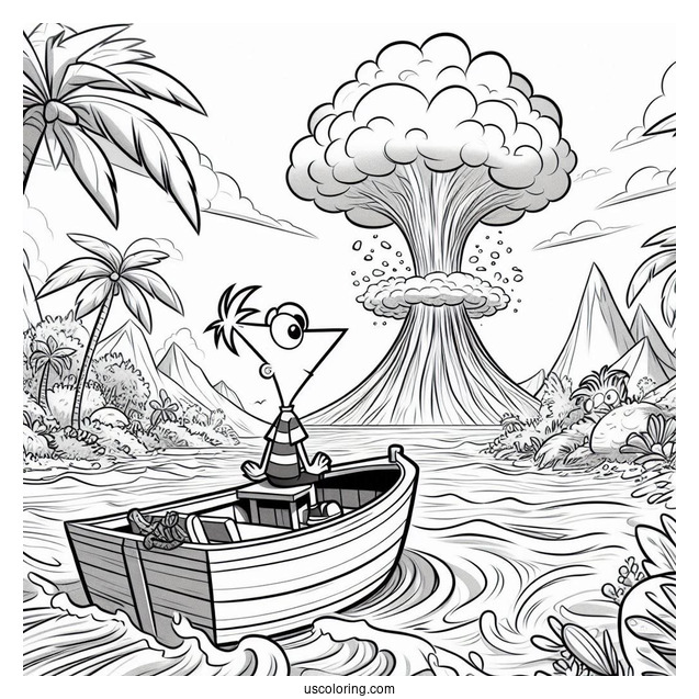 Phineas And Ferb Coloring Page With Isabella Watching Volcanic Eruption From Boat