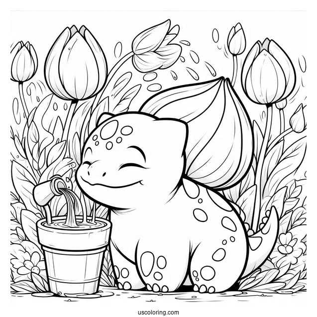 Bulbasaur Coloring Page Watering Flowers