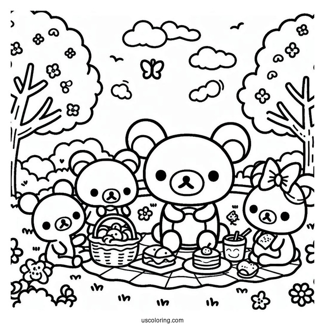 Rilakkuma Coloring Page At The Park With Korilakkuma, Kiiroitori, And Chairoikoguma
