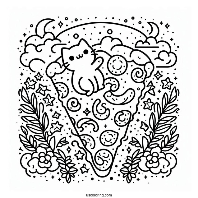 Cat Shaped Pizza Coloring Page
