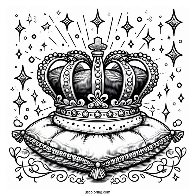Sparkling Royal Crown Coloring Page on Velvet Pillow