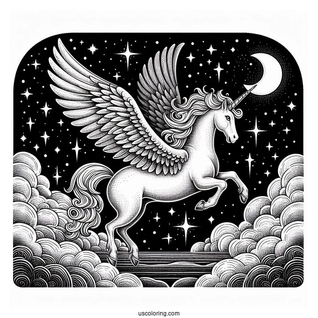 Realistic Pegasus Coloring Page With Starry Night Sky
