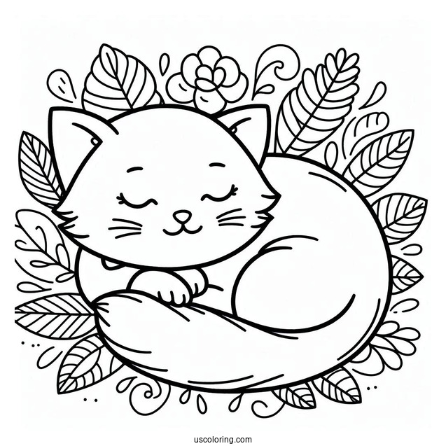 Cat Curled Up Coloring Sheet For Preschoolers