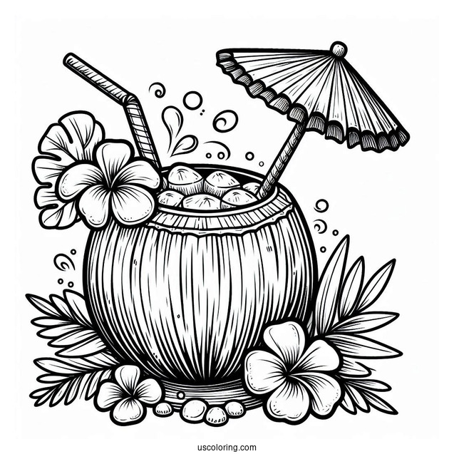Coconut Coloring Page Piña Colada With Flower And Mini Umbrella